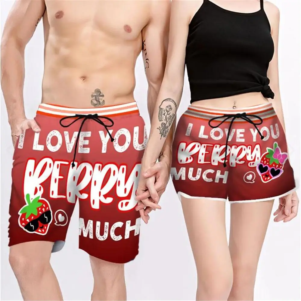 Couple Matching - I Love You Berry Much 3D Printed Shorts Unisex Elastic Waist Shorts Summer Beach Harajuku Casual Cool Shorts