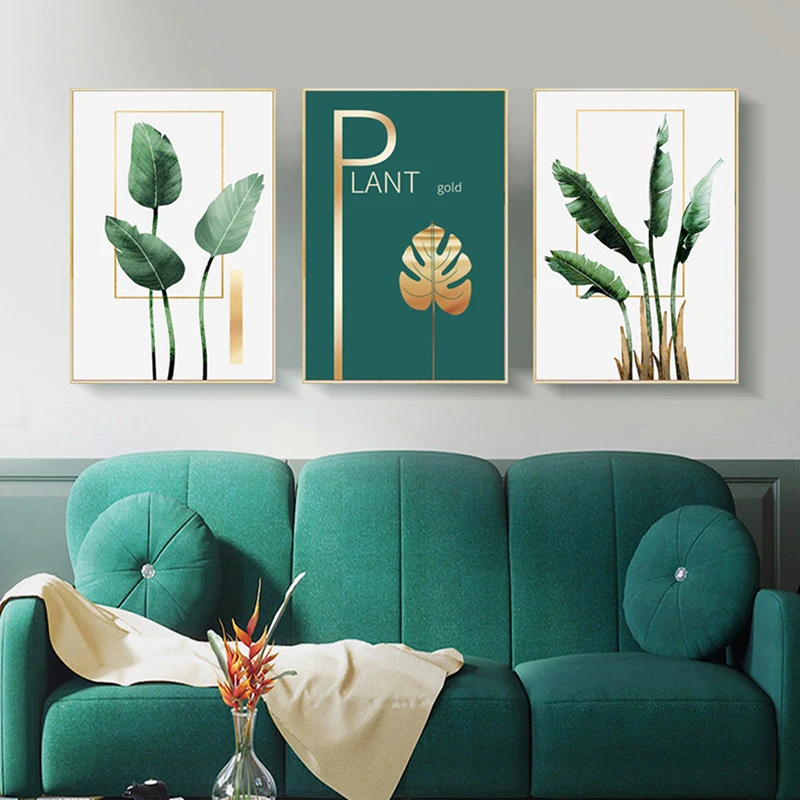 Green Plant Golden Leaf Wall Art Canvas Painting Nordic Posters and Prints Wall Pictures for Living Room Scandinavian Home Decor
