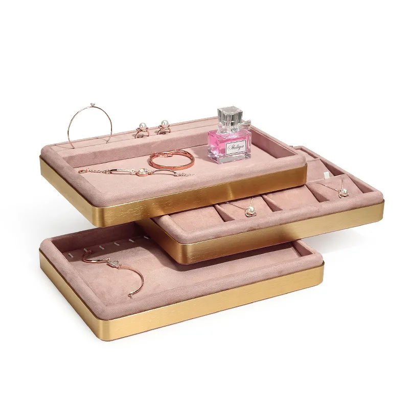 Pink Pu Jewelry Display Tray Necklace Holder Metal Luxuly Ring Organizer Earring Show Stand Mall Watch Show Plate Tray