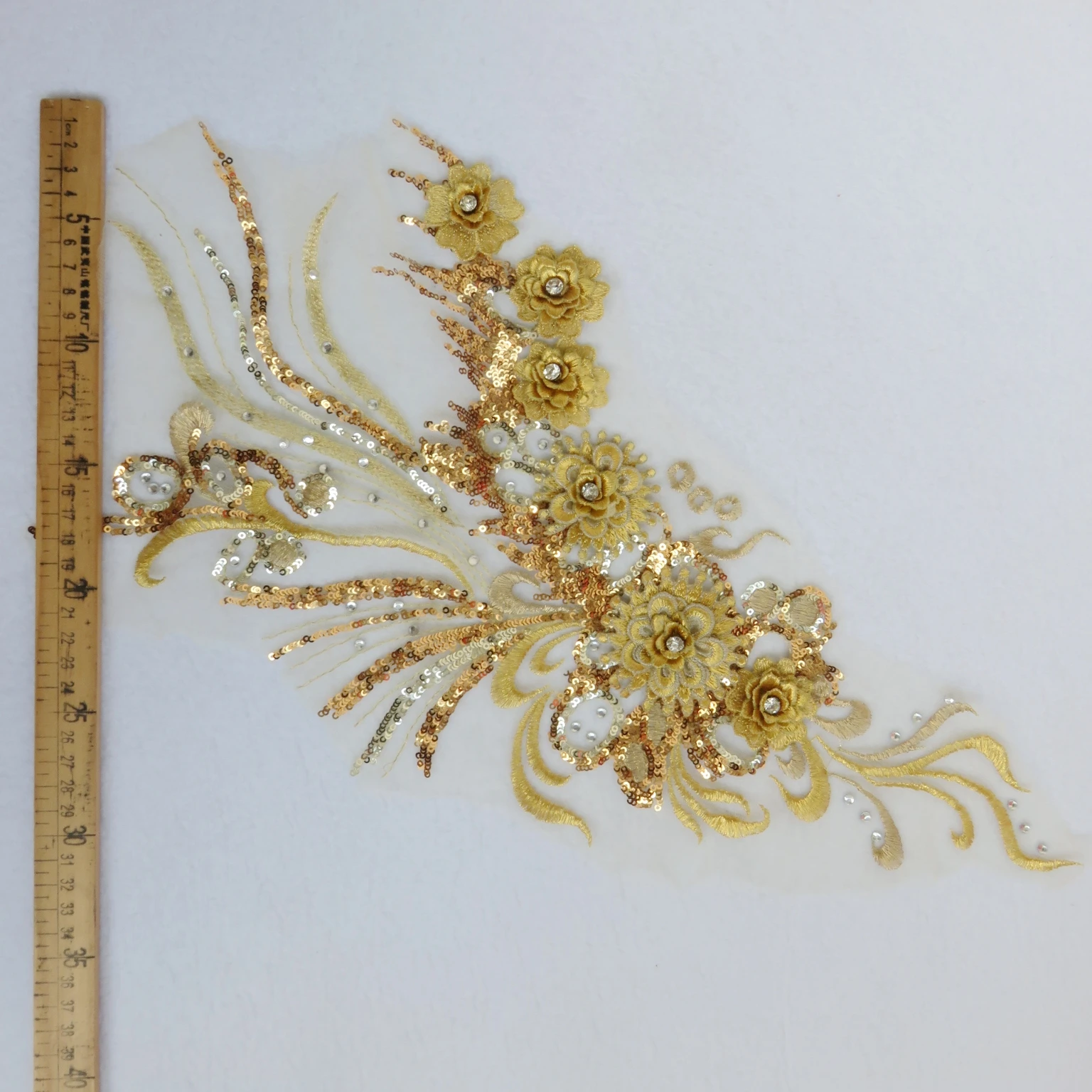 1piece Gold cheongsam wedding dress appliques Large 3D flowers Front panels Pieces wedding dress accessories 46X28cm