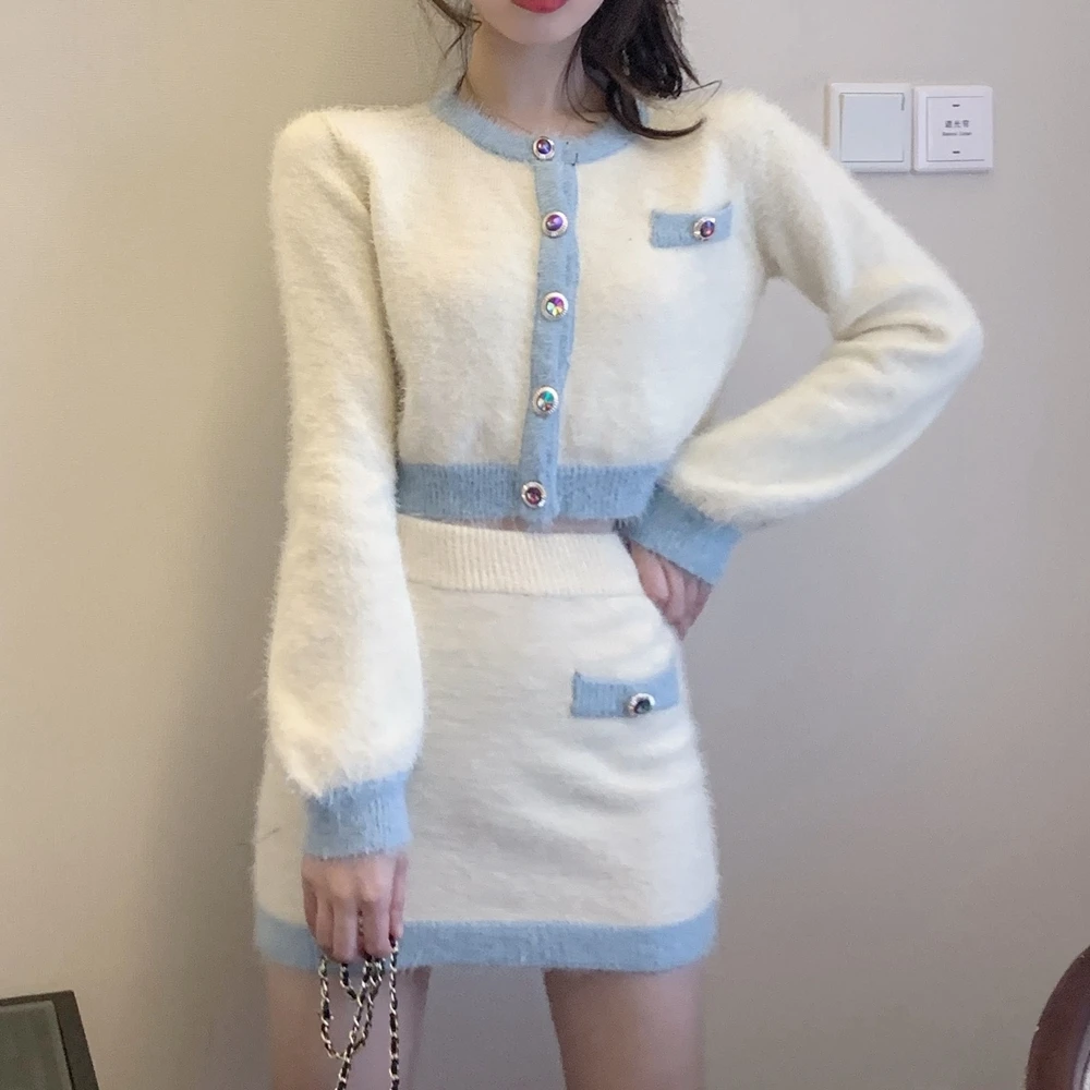 Women Knitting Gentle Contrast Color Cardigan Korea Single-breasted Button Knitted Sweater Package Hips Mini Skirt Two Piece Set