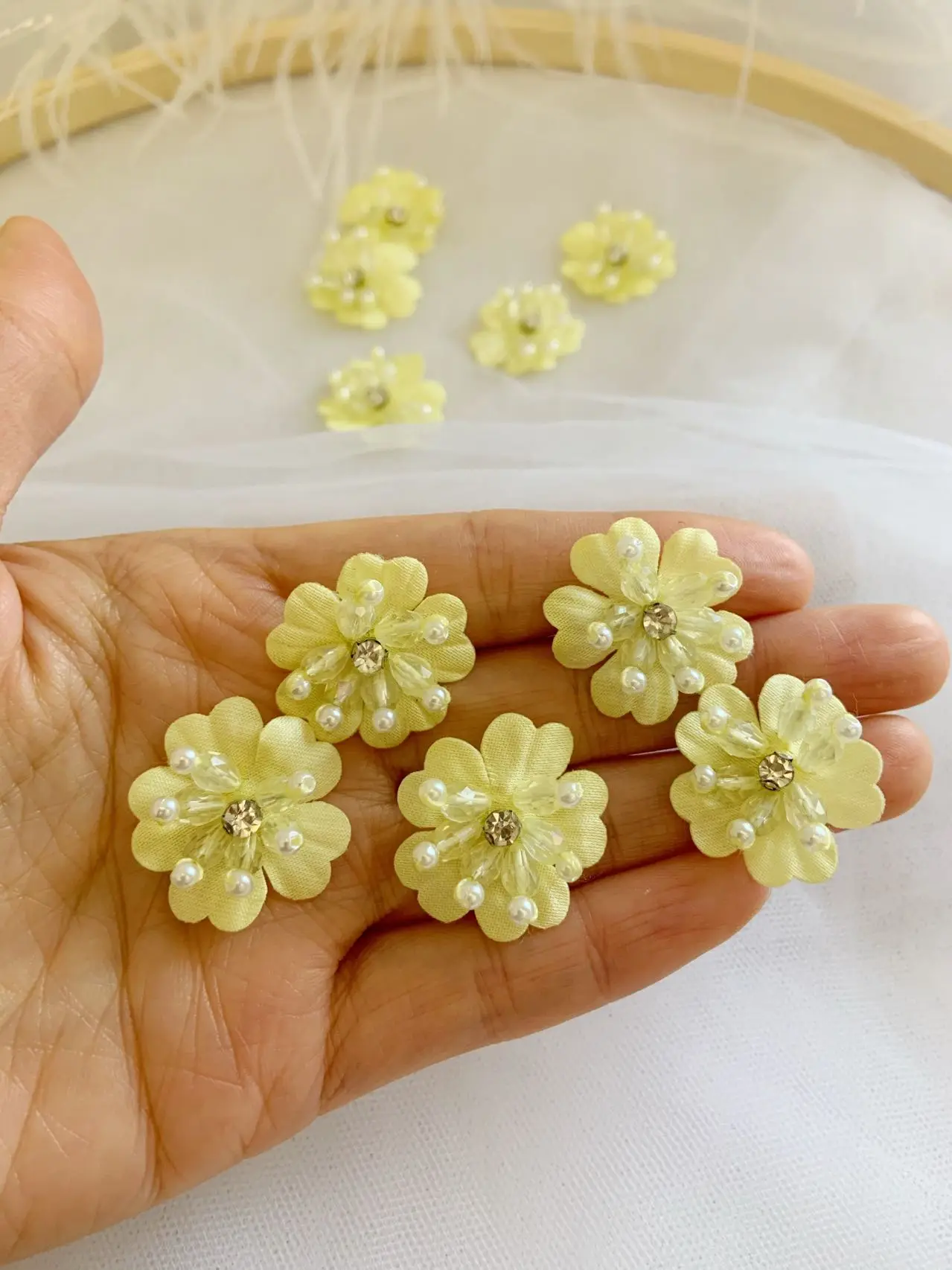 10 Pieces Pale Blue Petals Applique Handmade Heavy Bead Floral Rhinestone Flowers Organza Patch for Wedding Zakka Sewing Craft