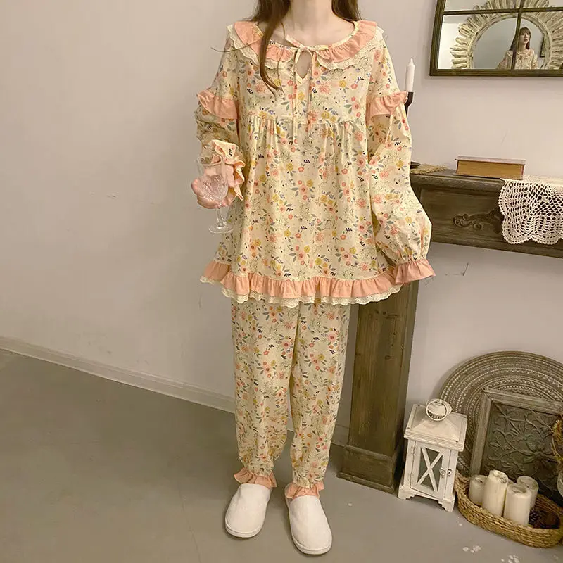 Pajama Sets Women Floral Tender Vintage Full Length Sweet Homewear Ins Girlish Korean Style Casual Fashion All-match Lovely New