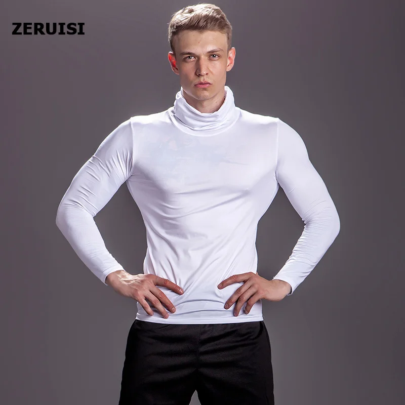 Solid Color Turtle Neck Compression Shirt Men\'s T-Shirt Bodybuilding Running Gym Fitness Top Skinny Rashgard Top