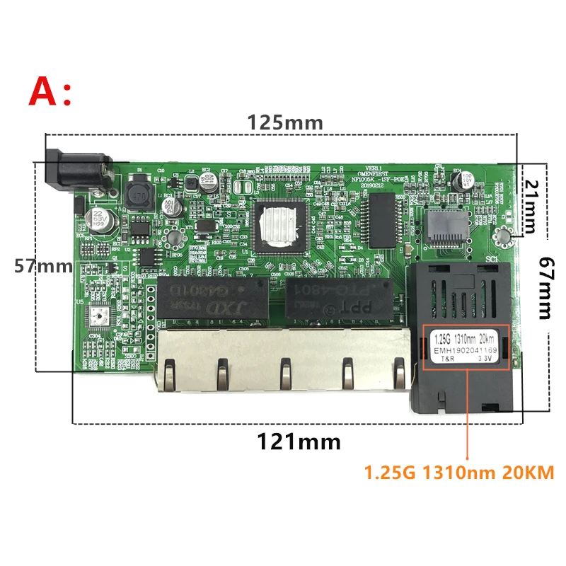 逆poe 10/100/1000 1000mギガビットイーサネットスイッチ繊維光学シングルモード4 RJ45と2 sc繊維Motherboard1.25G 20キロ