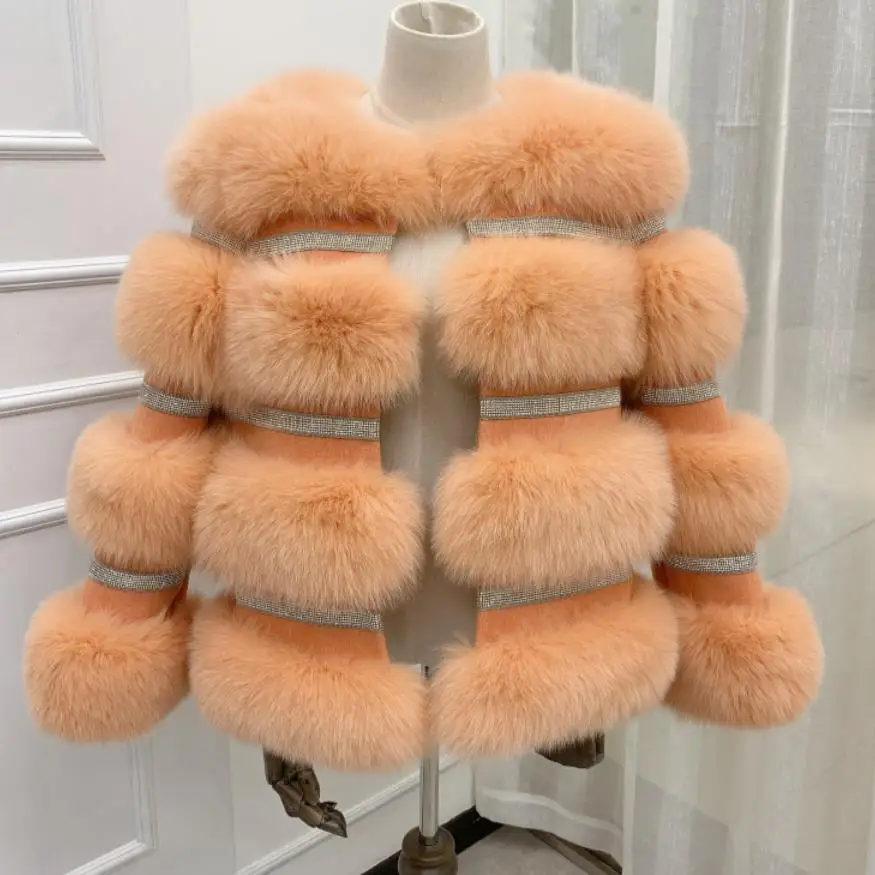 Abrigo de piel de zorro Real para mujer, chaqueta de cuero de oveja Real, parka más gruesa y cálida con cuentas de diamantes, F2458