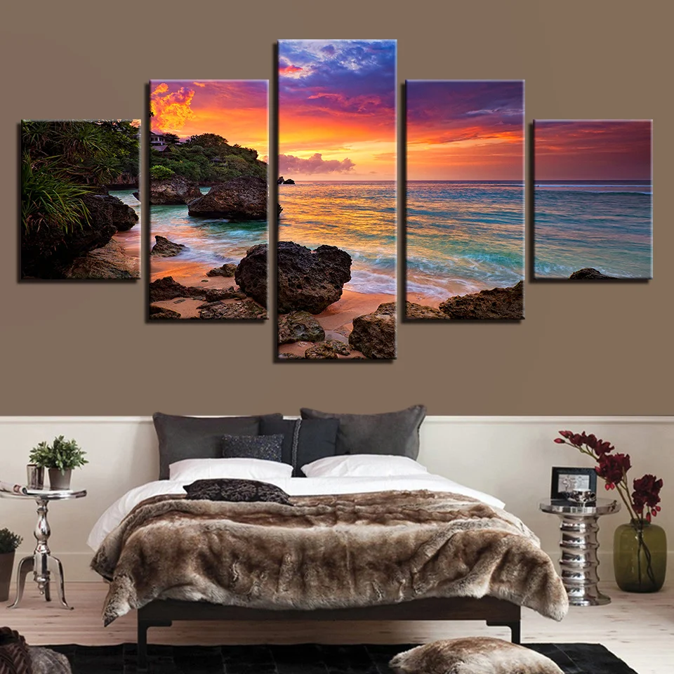 

5 Panel Canvas Decoration Poster Sunset Glow Wall Art Painting Beach Waves Modern Pictures Artwork Canvas Prints Seascape