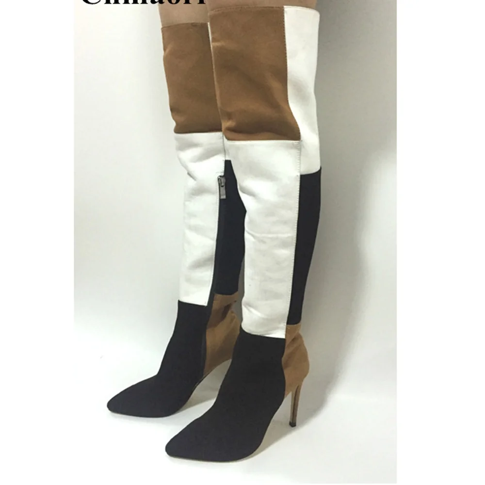 

New Fashion Mixed Color Woman Pointed Toe Over-the-knee Boots Female Patchwork Long Boots Girls Zip Thin High Heels Shoes Woman