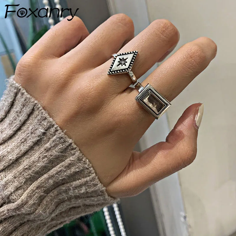 Foxanry New Fashion Silver Color Rings Creative Simple Zircons Geometric Vintage Handmade Party Jewelry Gifts for Women