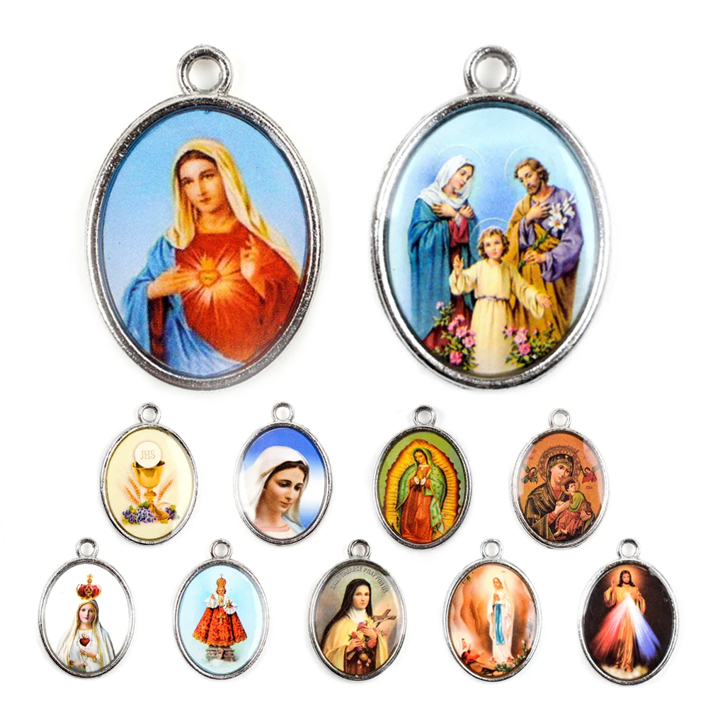 ميداليات دينية دينية كاثوليكية ، أجزاء مسبحة ، ملصق ملون ، قلب مريم المقدس ، يسوع ، غوادالوبي ، قلادة ميدالية مخصصة diy