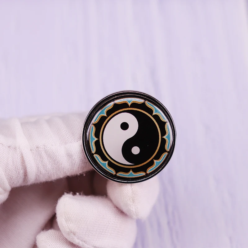 Yin Yang Lotus Pin Chinese Symbol Button Badge