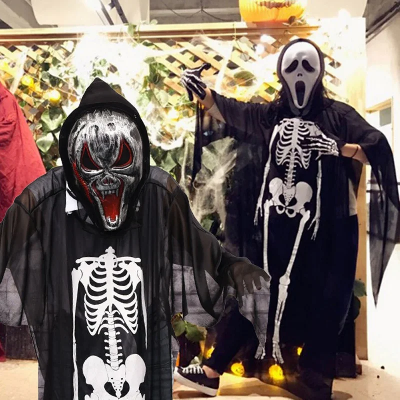 Halloween Ghost Robes Cosplay Costumes Skull Skeleton Bodysuits Scary Mask Gloves For Children Adult Carnival Party Cloak 2024