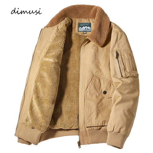 Imagen 2 del producto DIMUSI-Chaqueta Bomber informal para hombre, abrigos cálidos con Cuello de piel de lana, chaquetas militares Retro, ropa de invierno