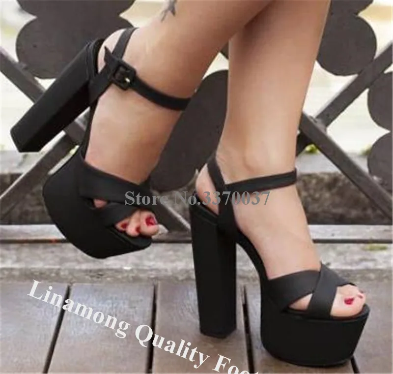 Linamong Sexy Open Toe High Platform Chunky Heel Sandals White Black Blue Ankle Straps Square Buckles Thick High Heel Sandals