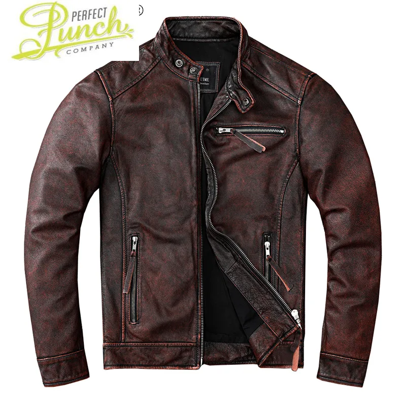 Leather Spring Jacket Men Vintage Fashion Cowhide Stand Collar Streetwear Motorcycle Mens Clothing Chaqueta Cuero Hombre WPY3843