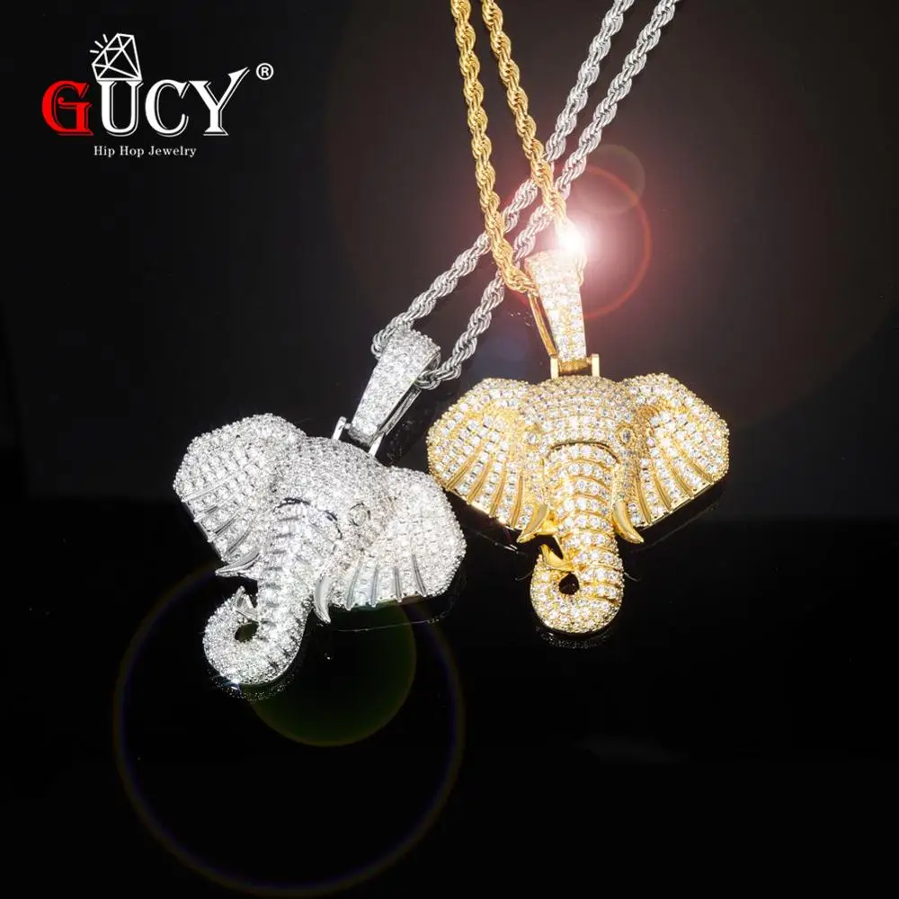 GUCY Iced Out Cubic Zircon Bling Animal Elephant Necklace & Pendant Men Women Hip Hop Rock Jewelry CZ Necklace For Gifts