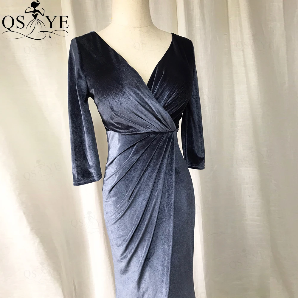 Qsyye Grey Avondjurk Lange Mouwen Velvet Mermaid Avondjurken Sexy V-hals Party Dress Ruches Taille Staart Formele Jurken