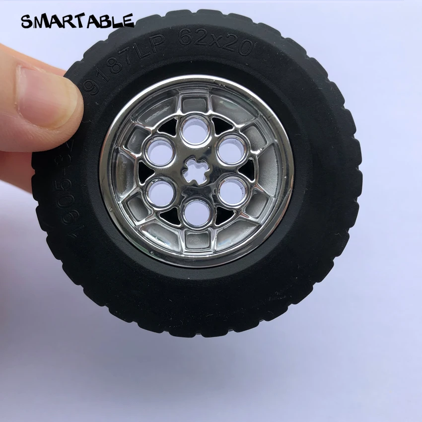 Smartable Technical Wheel 43.2X18 with Tire 62.4x20 Silver Plated Rims Part Building Block Toys Compatible 32019+86652 4pcs/set