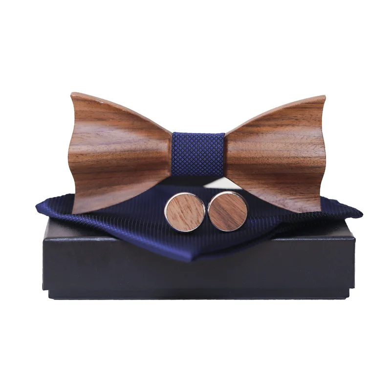 Ricnais 3D Wooden Wood Bowtie Set Bule Red Pocket Square Cufflinks Set For Men Business Wedding Bow Tie Handkerchief With Box