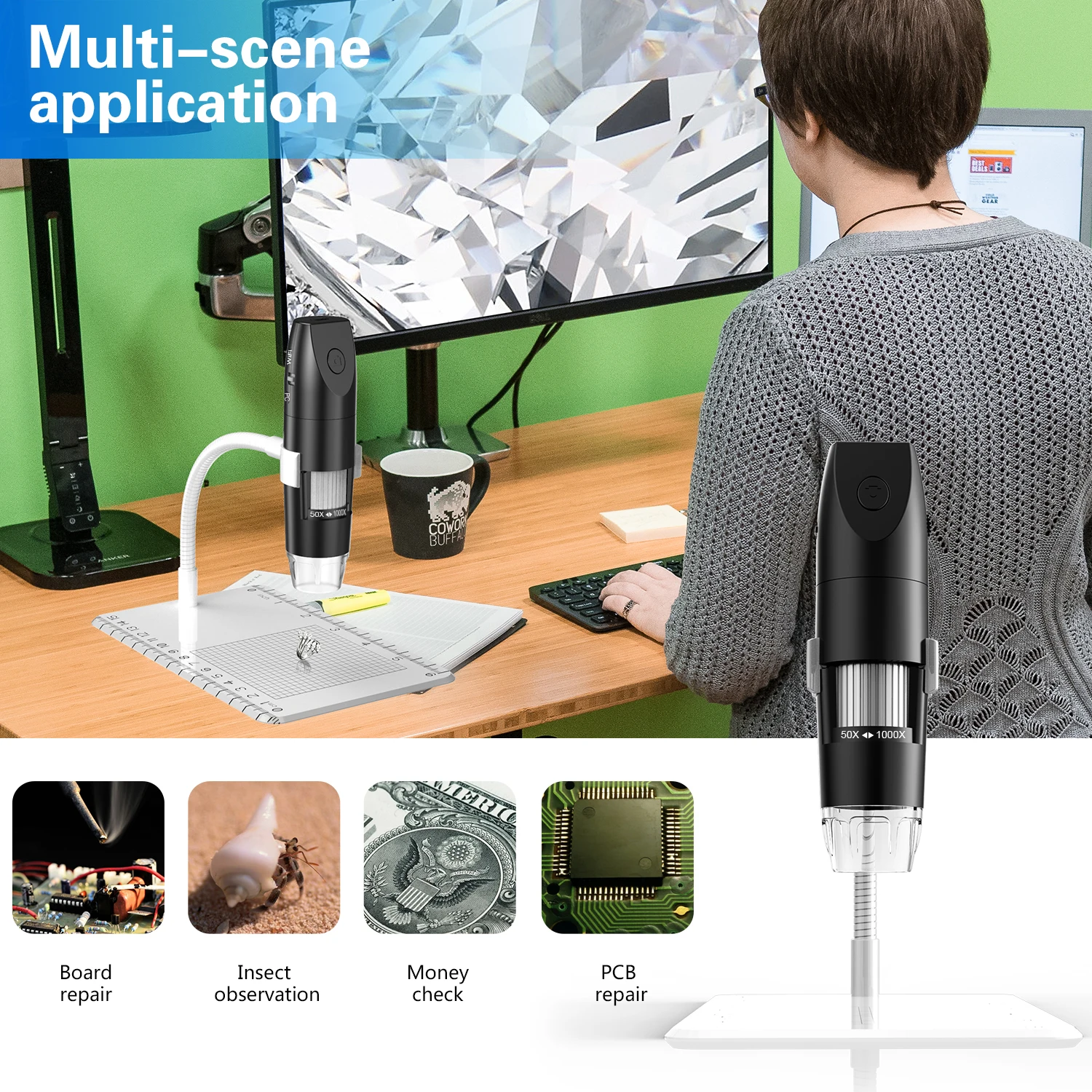 2MP 1080P 50-1000X WIFI  Digital Microscope Handheld Endoscope  for Repair Hair Skin Smartphone PCB Tool Magnifier