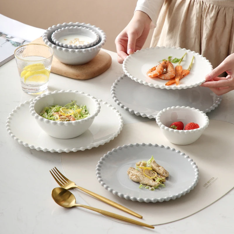 Nordic Creative Pearl-Rim Ceramics Dinnerware Set, Steak Flat Tray, Dessert Plate, Salad Bowl, Beaded Tableware, Round Shape