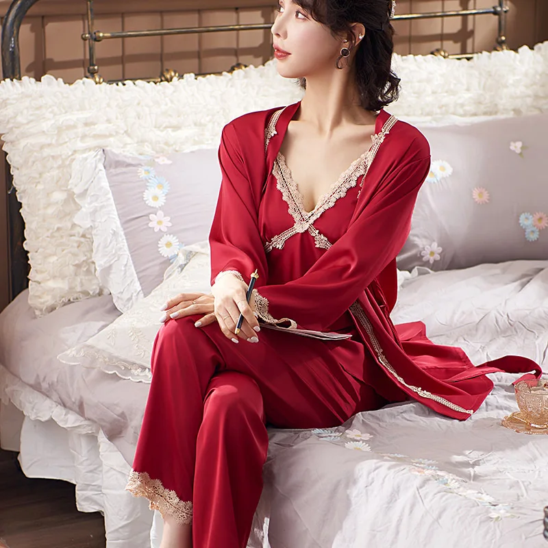 Phụ Nữ Pyjama Bộ Xanh Satin Phối Ren Đồ Ngủ Bộ 3 Váy Ngủ Pijama Pyjamas Tay Dài Và Quần Homewear