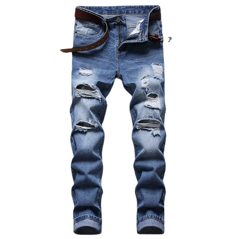 

High Quality Jeans Designer Brand White Men's Casual Fashion Classic Straight Destruction Trousers Slim Fit Male Denim Pants
