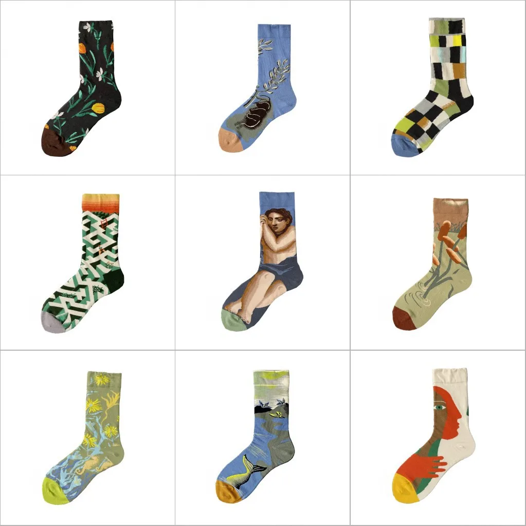 Combed Cotton Colorful Retro Oil Painting Socks Women Men Cartoon Creative Portrait Plants Animal Abstract Art Funny Happy Socks