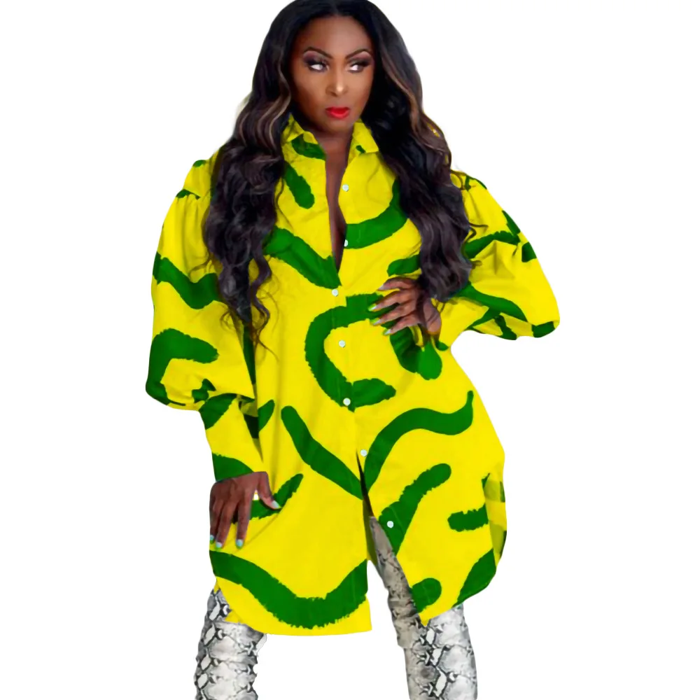 

2021 Autumn African Women Long Sleeve Printing Polyester Shirt Dress African Dresses for Women African Print Dresses