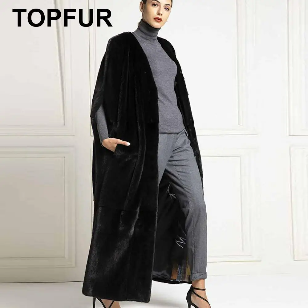 TOPFUR Winter X-Long Real Fur Coat Women Real Fur Customized Natural Real Mink Fur Coat Women Half Sleeves Full Pelt V-Neck