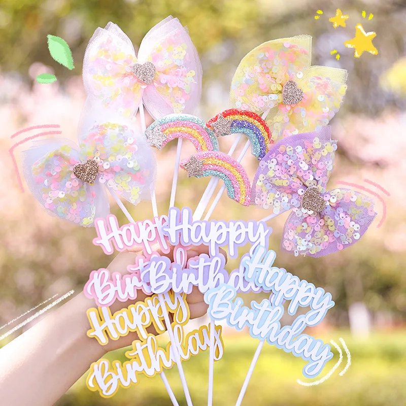 Cake Topper Rainbow Bow Star Butterfly Kids Girl Happy Birthday Wedding Decoration Cupcake Decor Party Baking Supplies DIY New