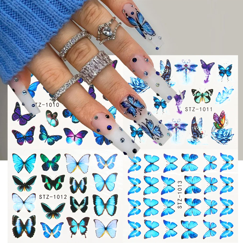4 in 1 Sommer Nägel Aufkleber Set Blau Schmetterling Blumen Design Wasser Transfer Aufkleber Bunte Tattoo Dekoration Tipps NTSTZ984-1017