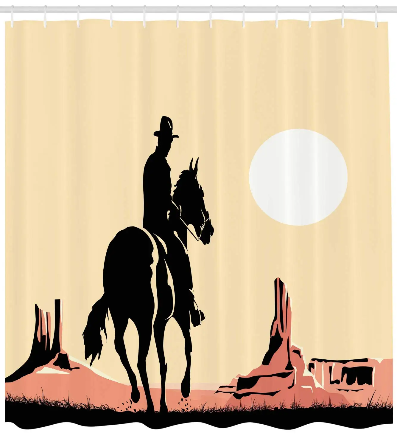 Western Shower Curtain Image Art of Cowboy Riding Horse Towards Sunset in Wild West Desert Hero Cloth Bathroom Decor Set