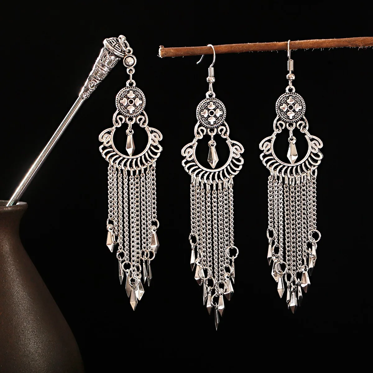 Tassel Earrings For Women Accessories Gypsy Indian Jewelry Earring And Hairpin Set Hair Sticks Vintage Chinese Style Funny Gifts