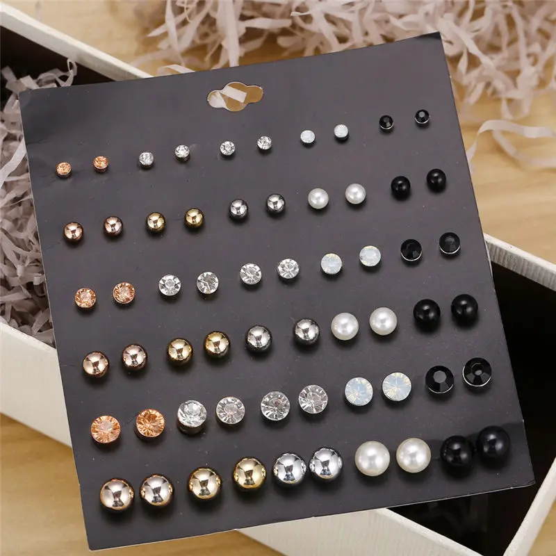 30 Pairs/set Classic Women\'s Round Ball Metal Pearl Earrings For Women Girl Gifts Crystal Stud Earring Sets Mix Jewelry