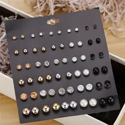 30 Pairs/set Classic Women's Round Ball Metal Pearl Earrings For Women Girl Gifts Crystal Stud Earring Sets Mix Jewelry