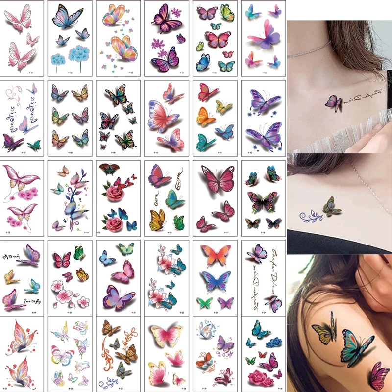 Temporary Tattoo Sticker Waterproof Moisture-proof Applique Fake Tattoo Letter Butterfly Flower Pattern 3D Tattoo Sticker