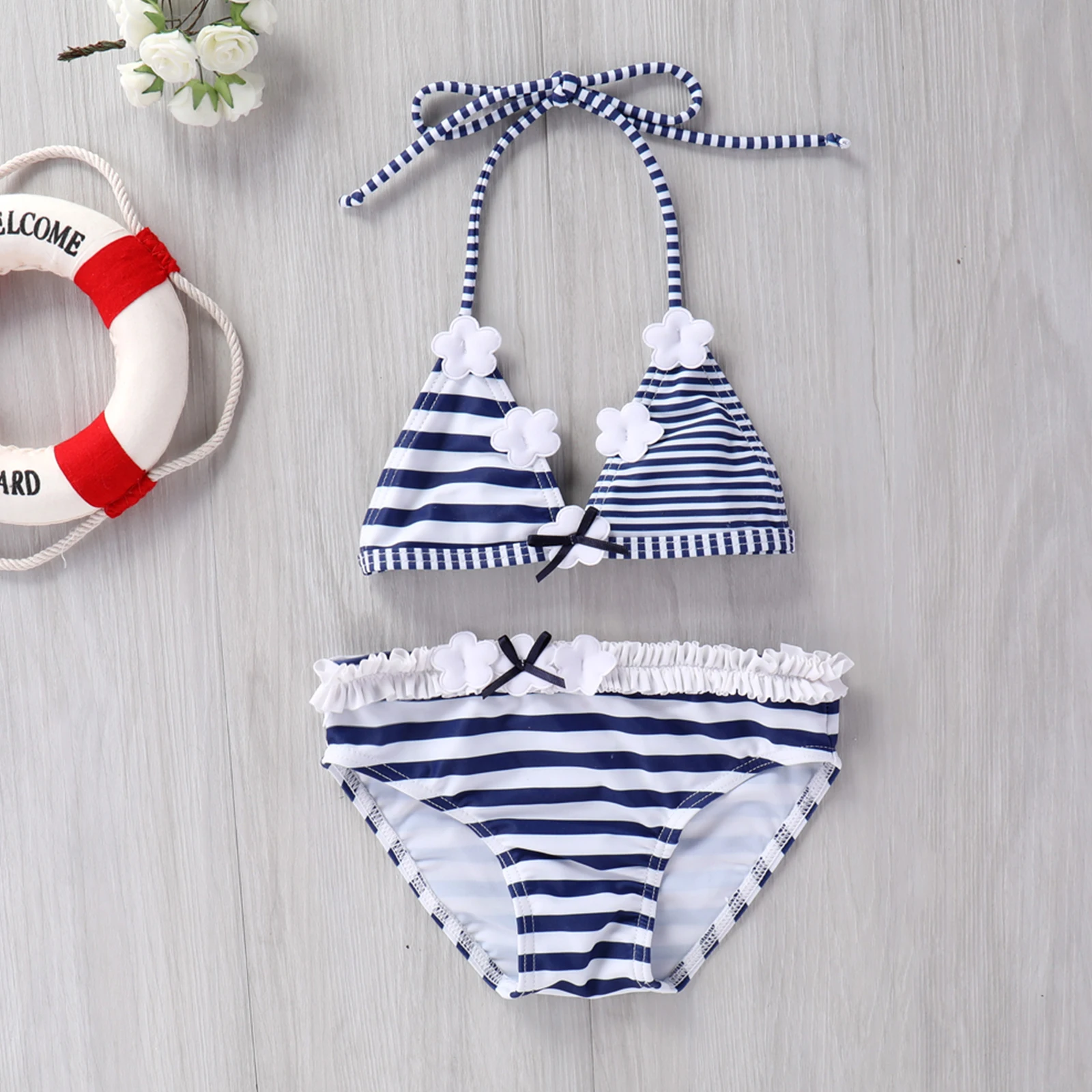 2021 Children Striped Split Swimsuit Set Girls Sleeveless Backless Deep V-neck Bikini Panties for Summer Beach Swimwear