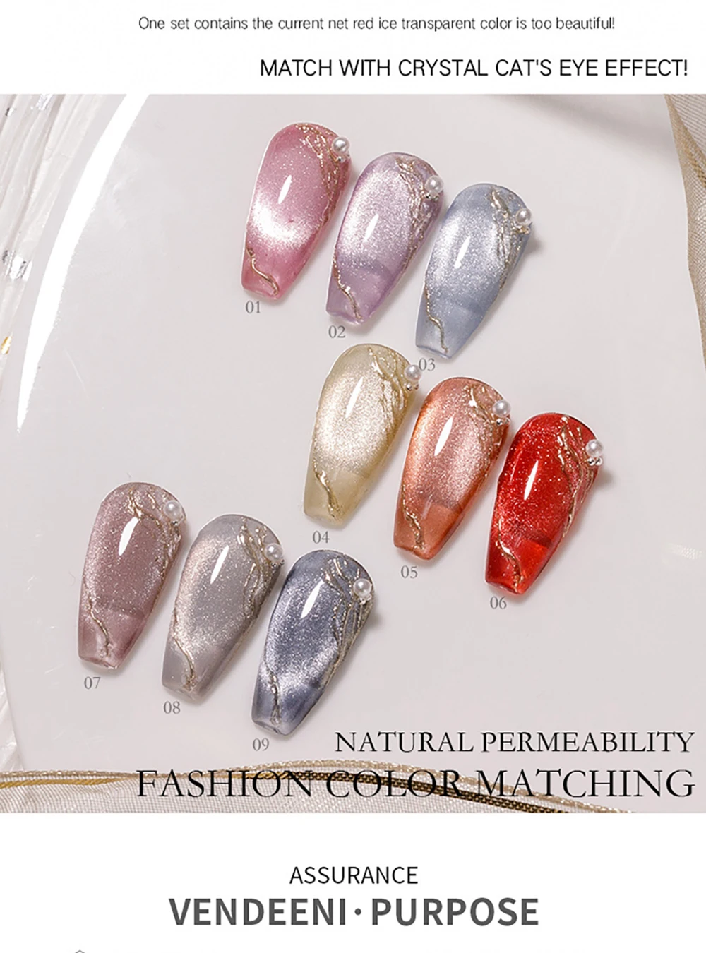 Vendeeni 9D Kristall-Katzenaugen-Gel-Nagellack Holographischer UV-Soak-Off-Gel-Lack Magnetischer Hybrid-Gel-Lack für Maniküre 9 Farben – Detail 4