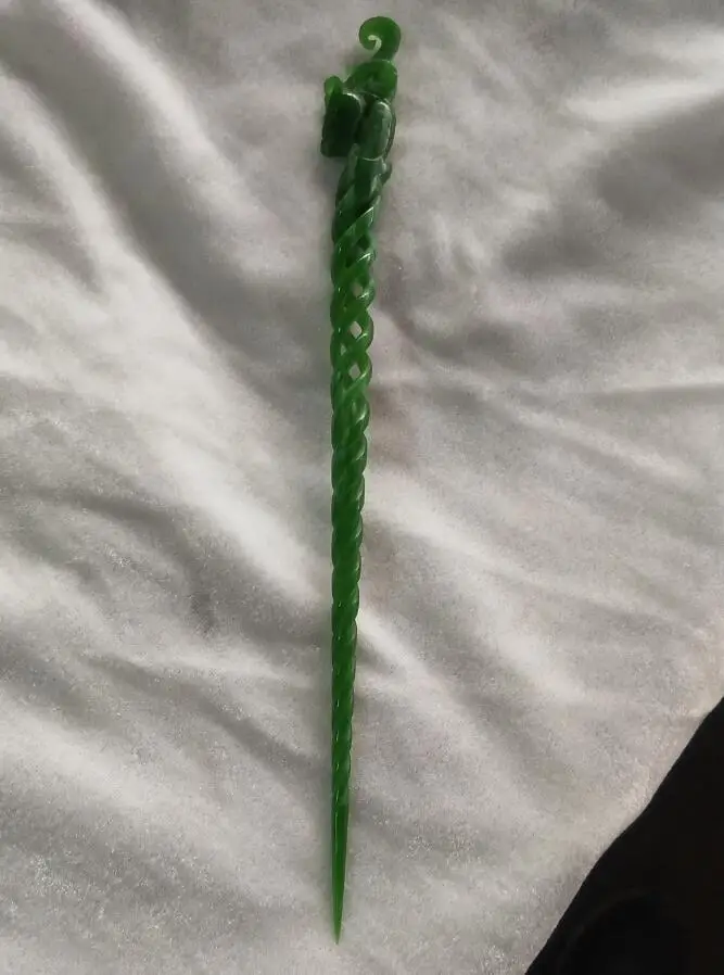 Longo 20cm!!! Coleção de arte chinês artesanal, pedra de jade verde dragão, prendedor de cabelo, estátua