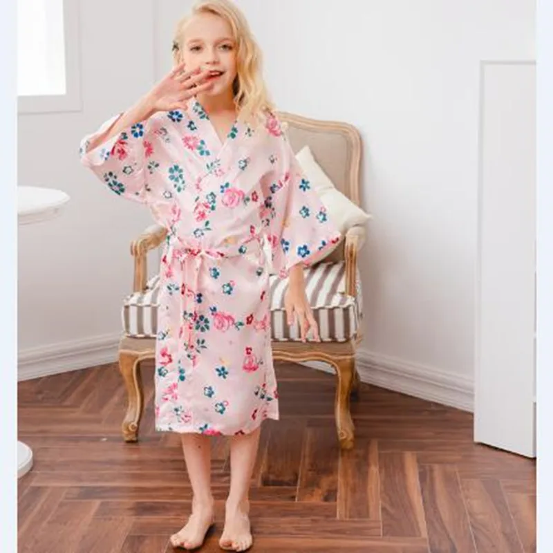 Kids Pajamas robe Silk Satin Pajamas  Girls Fashion Print Pyjamas Short/Long Sleeve Kimono Summer Underwear & Sleepwears