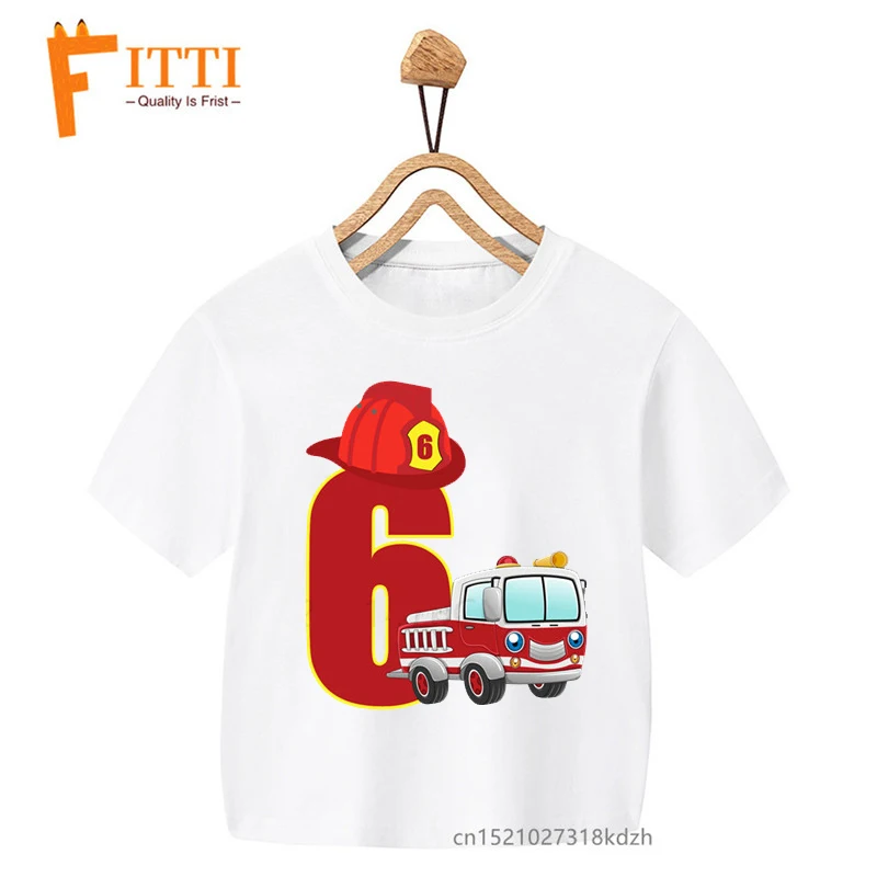 Feuerwehr Auto Geburtstag Zahlen Blume Drucken Jungen/Mädchen Weiß T-shirt Kind Sommer Kawaii Lustige Kleine Baby Kleidung, drop Schiff