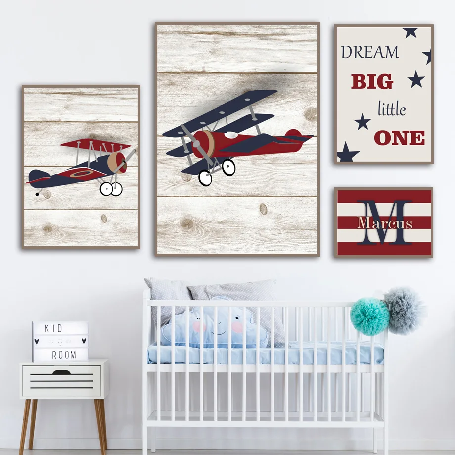 Vintage Airplane Personalized Name Nursery Art Canvas Painting Nordic Posters And Prints Wall Pictures For Boy Kids Room Decor