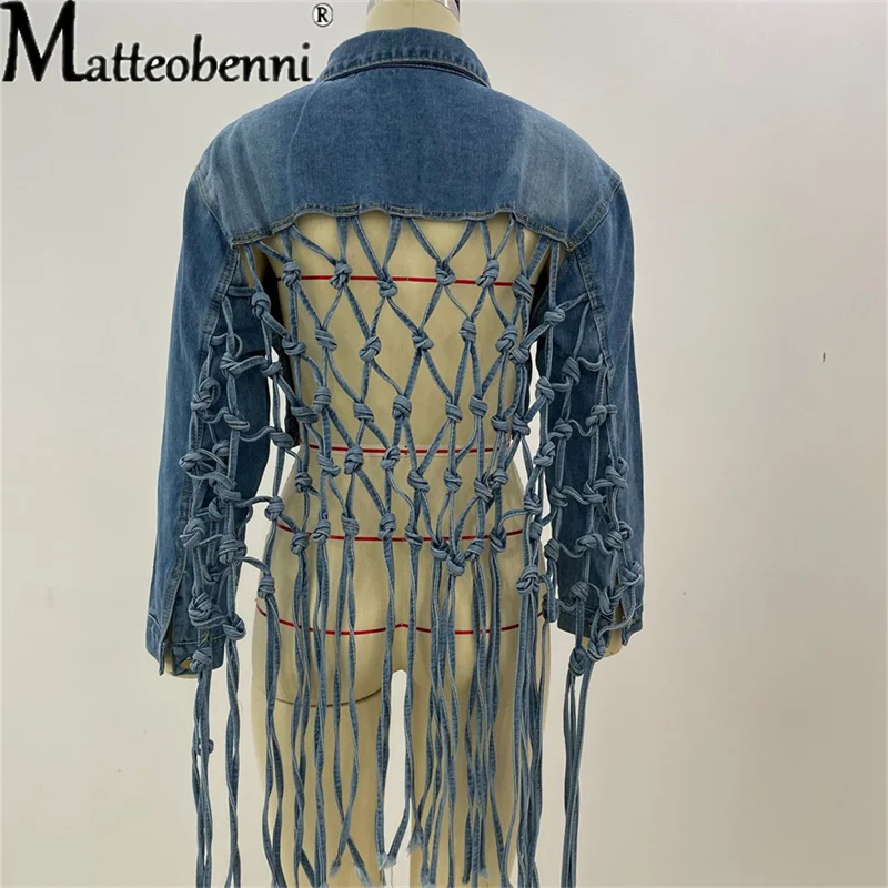 Womens Autumn 2021 New Fit Crop Tops Back Grid Tassel Design Long Sleeve Jean Coat Ladies Casual Street Denim Jacket