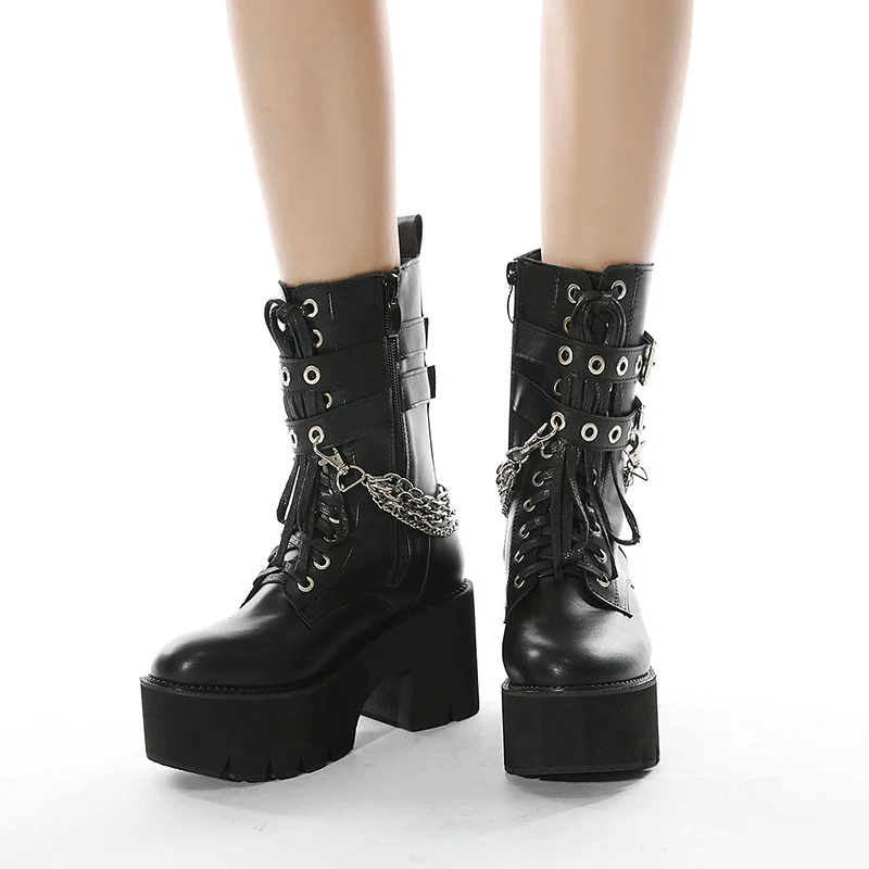 High Quality Leather Gothic Black Boots Women Heel Sexy Chain Chunky Heel Platform Boots Female Punk Style Ankle Boots Zipper