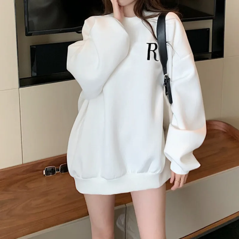 

Autumn Women Sweatshirts Plush Casual Fashion Korean Vintage White And Black Simple Letter R Print Long Sleeve Pullover Tops