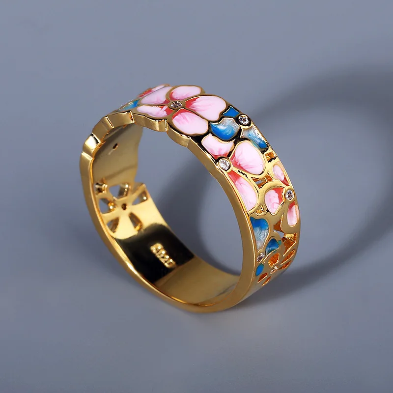 925 Silver Exquisite and Elegant Flower Enamel Drop Silver Female Ring Pink Blue Epoxy Engagement Wedding Jewelry