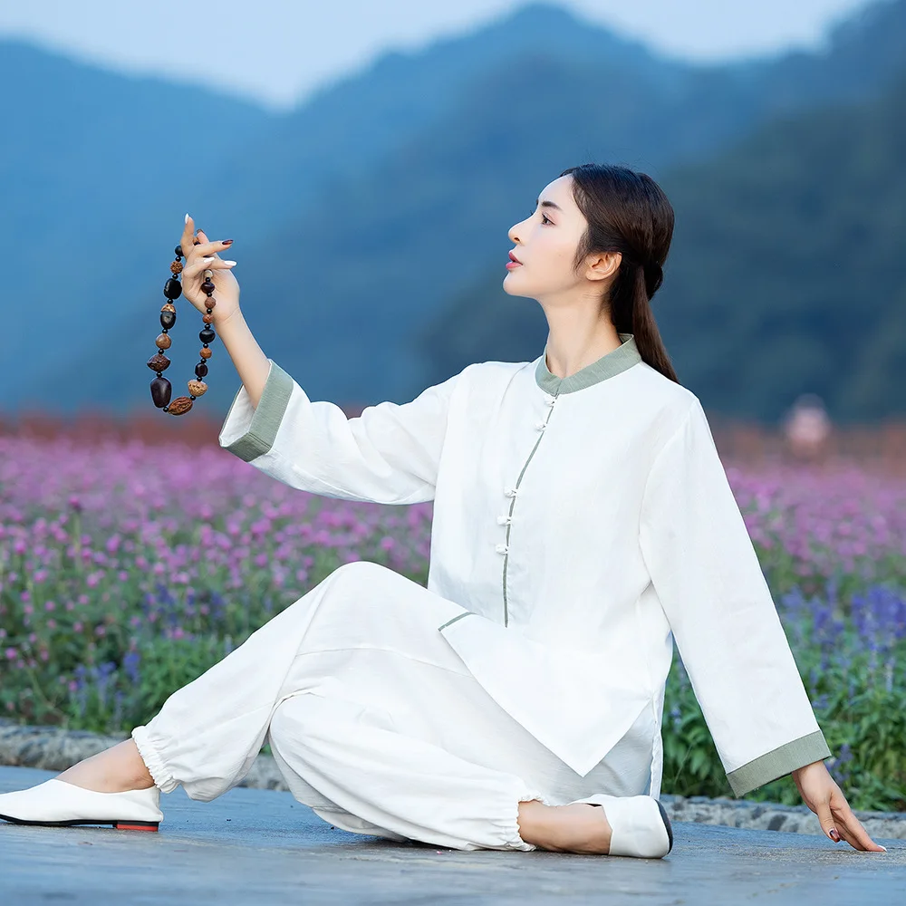 Tai Chi garnitur kobiety nowa wiosna jesień bawełna i len Zen herbata ubrania strój do jogi akrobatyka dwuczęściowa odzież Kungfu