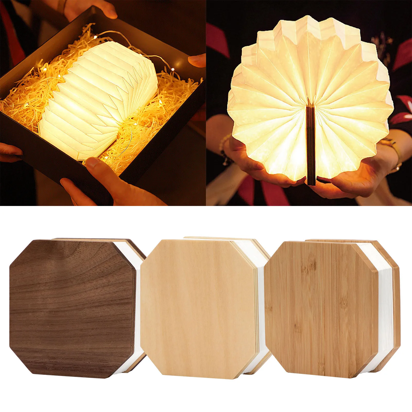 Novelty Book Light  Wooden Folding Night Light USB Rechargeable with Detachable Hand Strip  LED Paper Lantern Desk Table Lamp