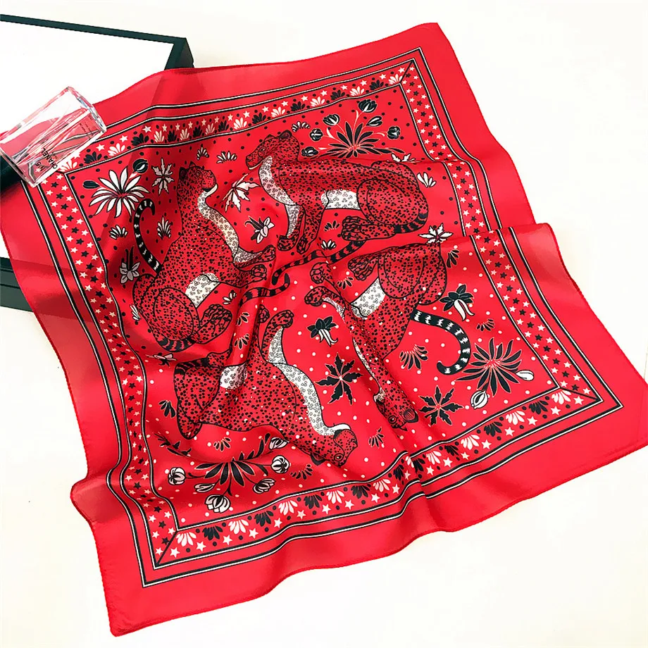 Four Leopards 53cm Luxury Brand Spring Silk Scarves Women Summer Square Scarf For Ladies Kerchief Fashion Neckerchief